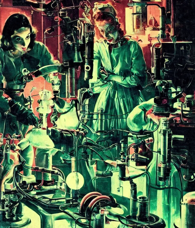 Image similar to a female mad scientist building a humanoid robot, in a darkly lit laboratory room, 1 9 5 0 s horror movie poster style, norman rockwell oil painting, close - up shot, retro science fiction, vintage, saturated pink and green lighting, shadowy lighting, cohesive