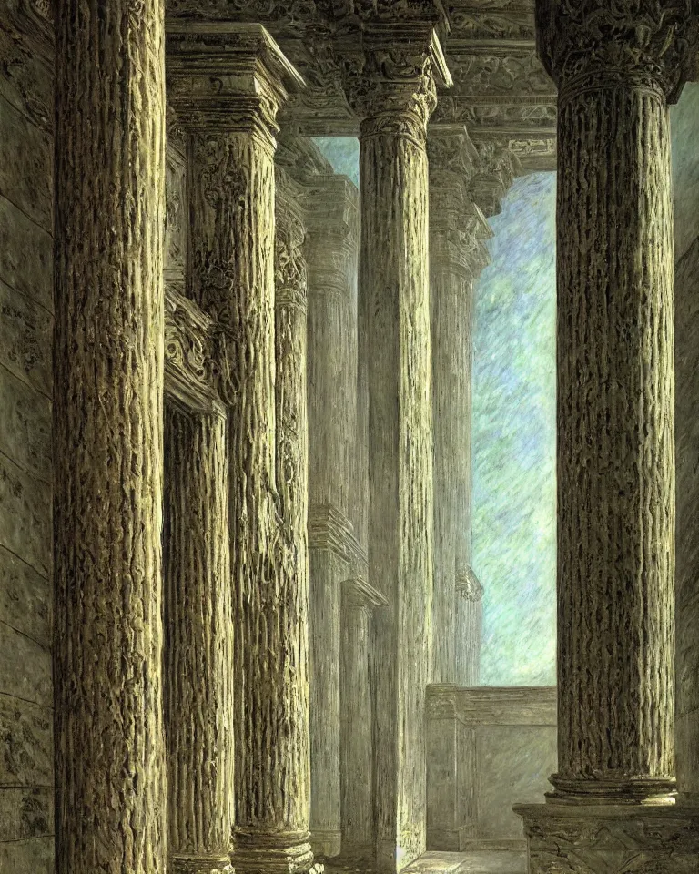 Prompt: achingly beautiful painting of intricate ancient giger columns and epic door on jade background by rene magritte, monet, and turner. giovanni battista piranesi.