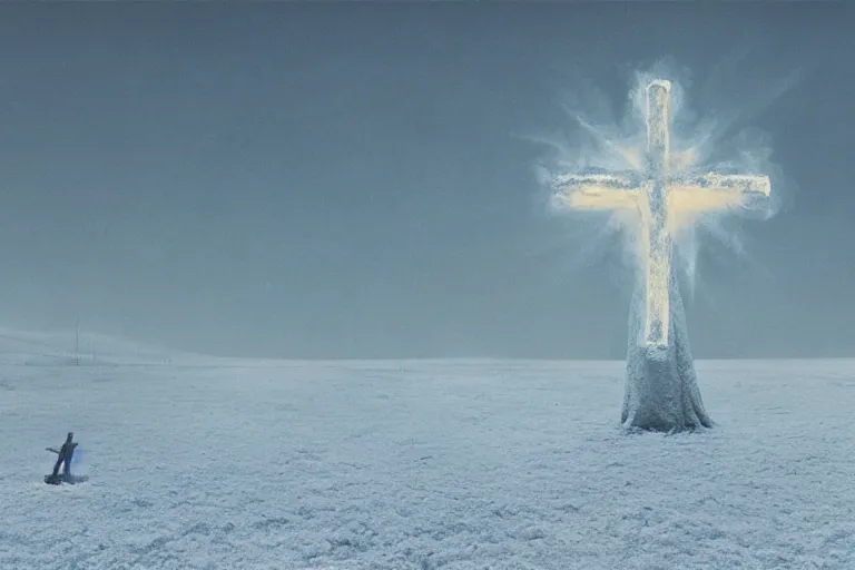 Image similar to a cross set ablaze on a snow covered field, surreal frozen landscape, painting by beeple and zdzisław beksinski, a matte painting by li shida, cgsociety, context art, redshift, matte painting, reimagined by industrial light and magic