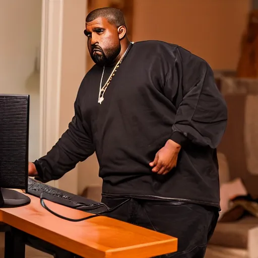 Image similar to obese Kanye West wearing a headset yelling at his monitor while playing WoW highly detailed wide angle lens 10:9 aspect ration award winning photography