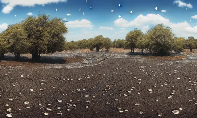 Image similar to panorama of big raindrops flying upwards into the perfect cloudless blue sky from a dried up river in a desolate land, dead trees, blue sky, hot and sunny highly-detailed, elegant, dramatic lighting, artstation, 4k, cinematic landscape, photograph by National Geographic