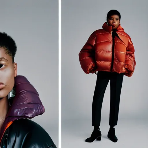 Image similar to realistic photoshooting for a new balenciaga lookbook, color film photography, portrait of a beautiful woman, woman is wearing a puffer jacket, in style of Tyler Mitchell, 35mm,