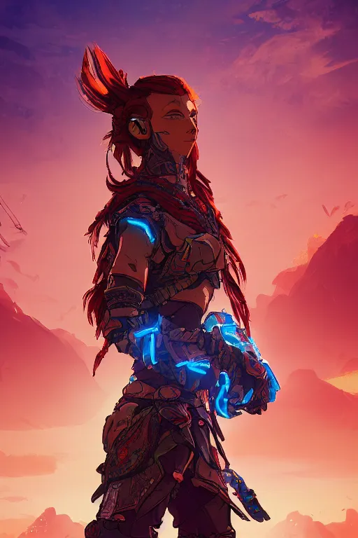 Image similar to combination suit armor aloy horizon forbidden west horizon zero dawn radiating a glowing aura global illumination ray tracing hdr fanart arstation by ian pesty and alena aenami artworks in 4 k tribal robot ninja mask helmet backpack