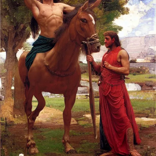 Image similar to Wikus, Centaur of the high glade. Half man half horse. Wearing Grecian armor. Orientalist portrait by john william waterhouse and Edwin Longsden Long and Theodore Ralli and Nasreddine Dinet, oil on canvas. Cinematic, hyper realism, realistic proportions, dramatic lighting, high detail 4k