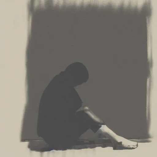 Prompt: a sad person with his head down sitting at a corner, black and white, dramatic light, obscure, strokes painting, close view