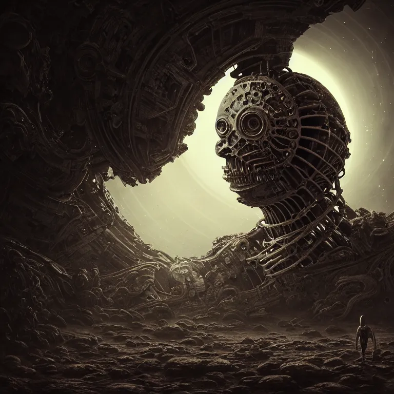 Image similar to portrait of ribbed abandoned biomechanical man with a spaceship on exoplanet in a desolate empty wasteland, creepy, nightmare, dream-like heavy atmosphere, surreal abandoned buildings, baroque painting, beautiful detailed intricate insanely detailed octane render trending on Artstation, 8K artistic photography, photorealistic, chiaroscuro, cinematic volumetric light, Raphael, Caravaggio, Beksinski, Giger