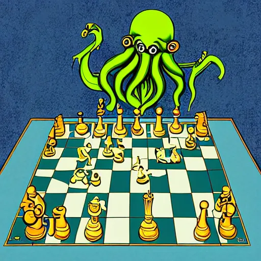 Prompt: cthulhu playing chess with god underwater