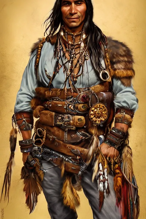 Prompt: fantasy character portrait of a thin native american indian man in his early 3 0 s, wearing traditional cargo buckskin jacket buckskin tactical toolbelt pockets bandolier full of trinket and baubles, steampunk arcane shaman, deadlands, weird west, by steve henderson, sandra chevrier, alex horley