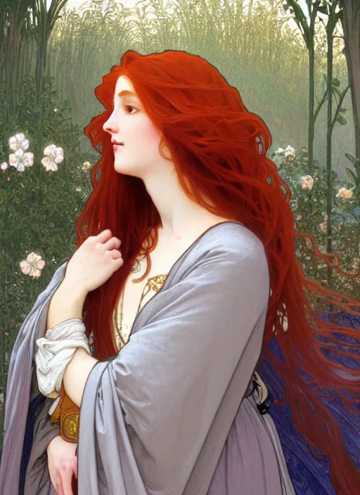 Image similar to beautiful young woman with long red hair watches the sunrise while wearing a grey cloak and hood, path traced, highly detailed, high quality, digital painting, by alphonse mucha, disney