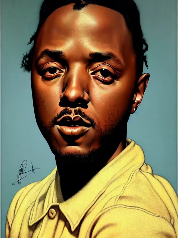 Prompt: kendrick lamar portrait by gil elvgren and norman rockwell and rob gonsalves and hajime sorayama, hyperrealistic, high detail, ultra detailed, highly detailed face, ruffled fabric
