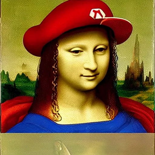 Image similar to a portrait of super - mario!!!!!! painting by da vinci ( ( ( ( mona lisa ) ) ) )