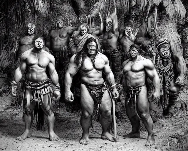 Image similar to hyper realistic group vintage photograph of a live action warcraft orc warrior tribe in the jungle, tall, hulk like physique, detailed faces, tribal paint, tribal armor, grain, old, monochrome, sepia toned, realistic lighting, wide angle