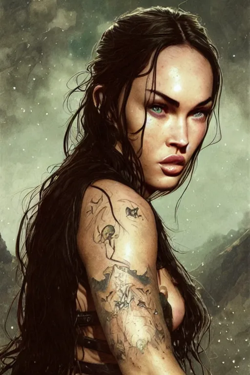 Prompt: young megan fox, legendary warrior, fighter, lord of the rings, tattoos, decorative ornaments, battle armor, carl spitzweg, ismail inceoglu, vdragan bibin, hans thoma, greg rutkowski, alexandros pyromallis, perfect face, detailed, sharply focused, centered, rule of thirds, photorealistic shading