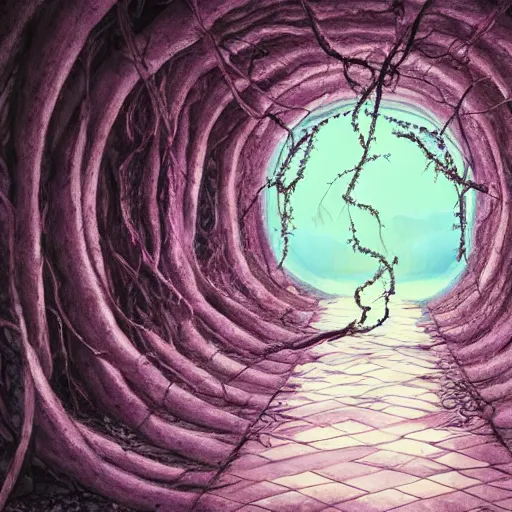 Prompt: a christian cross as the light is shining at the end of the tunnel, paradise outside of the tunnel, with pale purple and pale pink lighting, cute, aesthetic, anime, dark tunnel, with a few vines and overgrowth, studio ghibli, cinematic, painting, high definition, digital art, symmetrical, very detailed, extremely high detail, photo realistic, concept art, unreal engine 5,