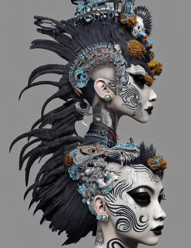 Image similar to 3 d goddess close - up profile portrait punk with mohawk in victorian style with ram skull. beautiful intricately detailed japanese crow kitsune mask and clasical japanese kimono. betta fish, jellyfish phoenix, bio luminescent, plasma, ice, water, wind, creature, artwork by tooth wu and wlop and beeple and greg rutkowski