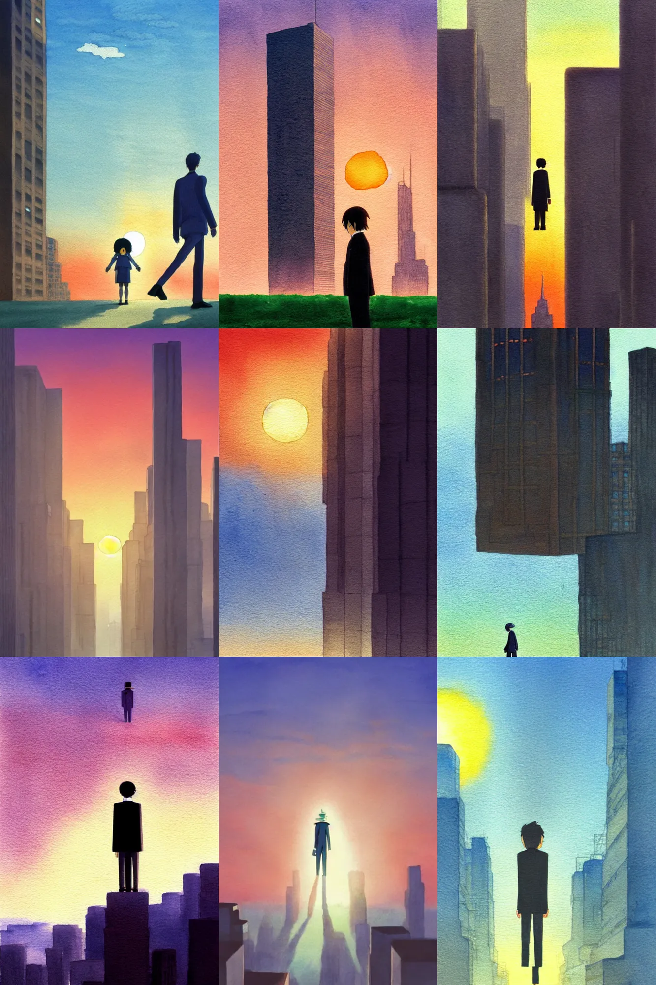 Prompt: a humanoid walking skyscraper at sunset. watercolor by studio ghibli and magritte. concept art. trending. bright light. dof