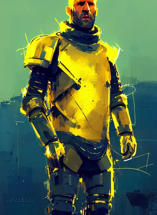 Image similar to jason statham in cyber armor, golden and blue hour, by ismail inceoglu