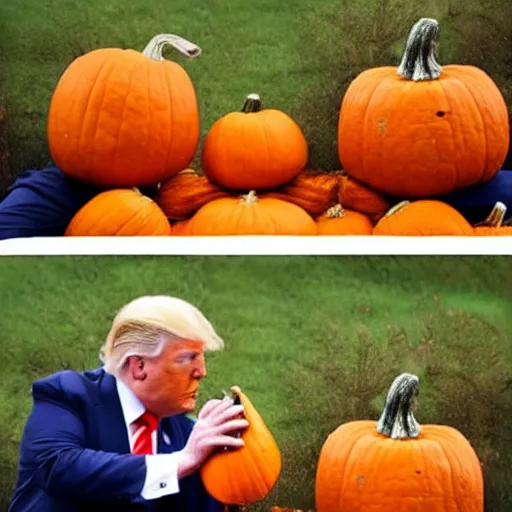 Image similar to Trump eating a pumpkin, hyper realistic, HD, HQ, photo realistic