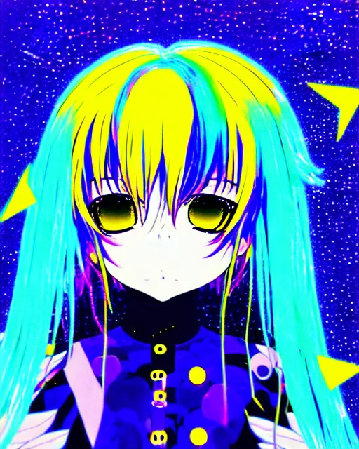 Prompt: neo tokyo japanese anime kawaii decora hologram of rimuru tempest, sky blue hair, golden yellow eyes, wearing black stylish clothing, holography, irridescent, baroque visual kei glitch art