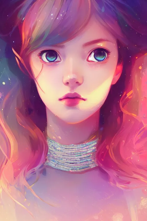 Prompt: extremely beautiful female portrait, accelerated perspective wavy hair, dof skin, diamond chocker with godlen foil, gorgerous dress, pastel color + impressionism background, soft light detailed illustration by serafleur / ilya kuvshinov / rossdraws / tian zi, sharp focus, moody lighting from top, vibrant pupils, lipstick on lips, d & d fantasy race