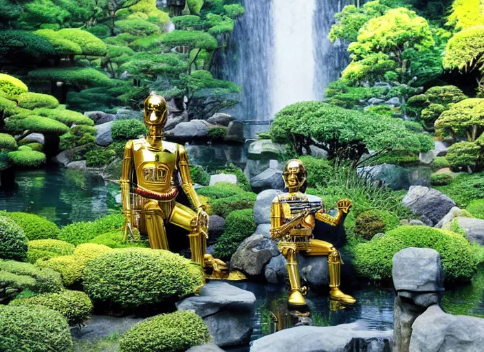 Prompt: C-3PO sitting in a lush japanese garden, C-3PO is holding a machine gun, waterfall, bright sun, still from star wars, shot on film, depth of field, nature show, incredible detail, dramatic lighting