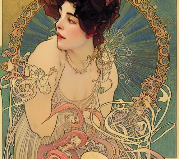 Image similar to the empress of the jellyfish, art nouveau portrait, by alphonse mucha, Adolfo Hohenstein, Stanley Artgerm Lau, greg rutkowski, thomas kindkade, loish