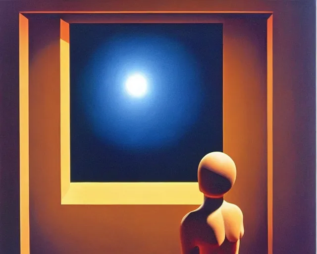 Image similar to a Magritte painting of 2001 a Space Odyssey by Stanley Kubrick