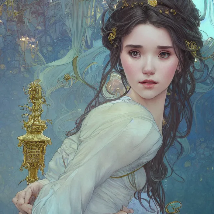 Prompt: iu close up, highly detailed, gold filigree, romantic storybook fantasy, soft cinematic lighting, award, disney concept art watercolor illustration by mandy jurgens and alphonse mucha and alena aenami, pastel color palette, featured on artstation