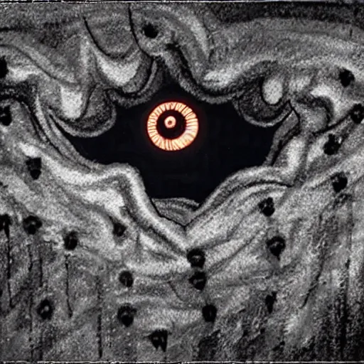 Image similar to low quality photo of the eye of cthulhu flying over a house