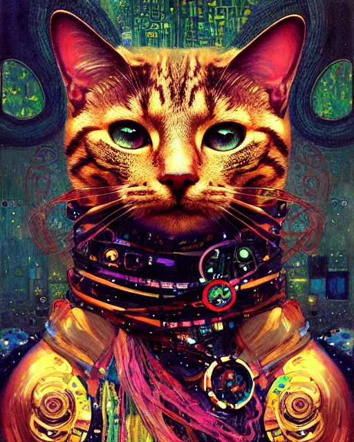 Image similar to cyberpunk cat portrait an oil painting splashes with many colors and shapes by gustav klimt greg rutkowski and alphonse mucha, polycount, generative art, psychedelic, fractalism, glitch art