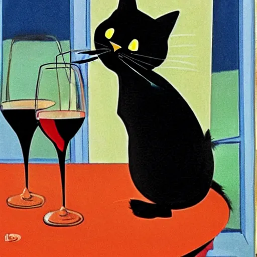 Image similar to A black cat drinking wine in the style of disney