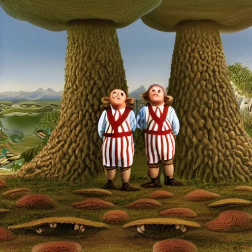 Prompt: detailed matte painting of twin brothers tweedledee and tweedledum, they are fat and wearing blue and white striped sailor clothes, standing in front of a wonderland mushroom forest, by salvador dali, 8 k resolution