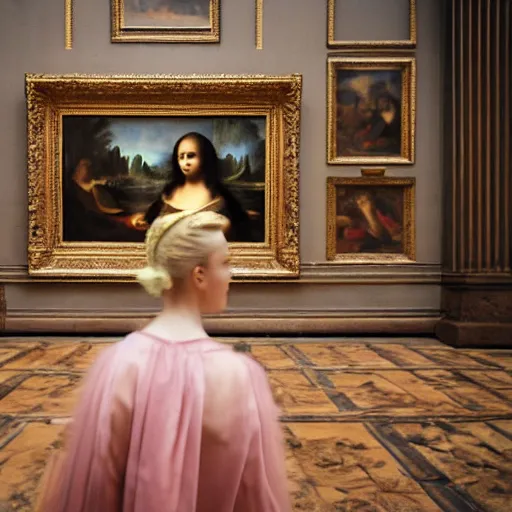 Prompt: shot from a distance, full room view, renaissance, rococo, manga, tonal, young lady, thin, dark hair, wearing flowing long babydoll - dress, flowers!, viewing the mona lisa painting inside the lourve