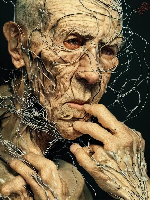 Image similar to portrait of old man, skin peeling to reveal cybernetics, wires, art by ryo shiotani and greg rutkowski, intricate, beautiful, portrait photography, cinematic lighting, vintage art by serge ivanoff, high resolution, very detailed