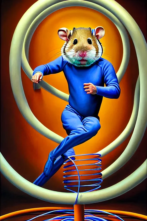 Prompt: a hyperrealistic painting of a man running on a hamster wheel, hooked up to wires and electrodes, powering a generator. cinematic horror by jimmy alonzo, the art of skinner, chris cunningham, lisa frank, richard corben, highly detailed, vivid color,