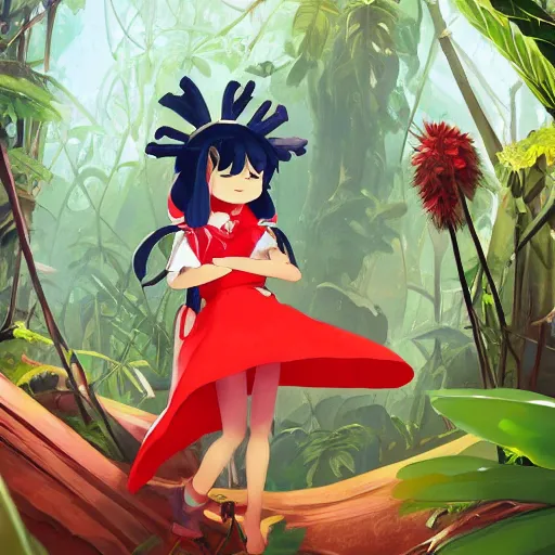 Image similar to a james gilleard of reimu in the jungle wearing bonnet