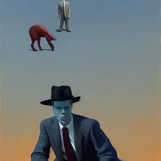 Prompt: Portrait of Mr. Powerful wearing a business suit, very coherent, painted by Edward Hopper, Wayne Barlowe, painted by James Gilleard, airbrush, art by JamesJean