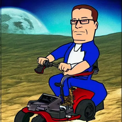 Image similar to photorealistic Hank hill from “King of the Hill” wearing a full suit of medieval armor, riding a lawnmower on the moon, National Geographic photo