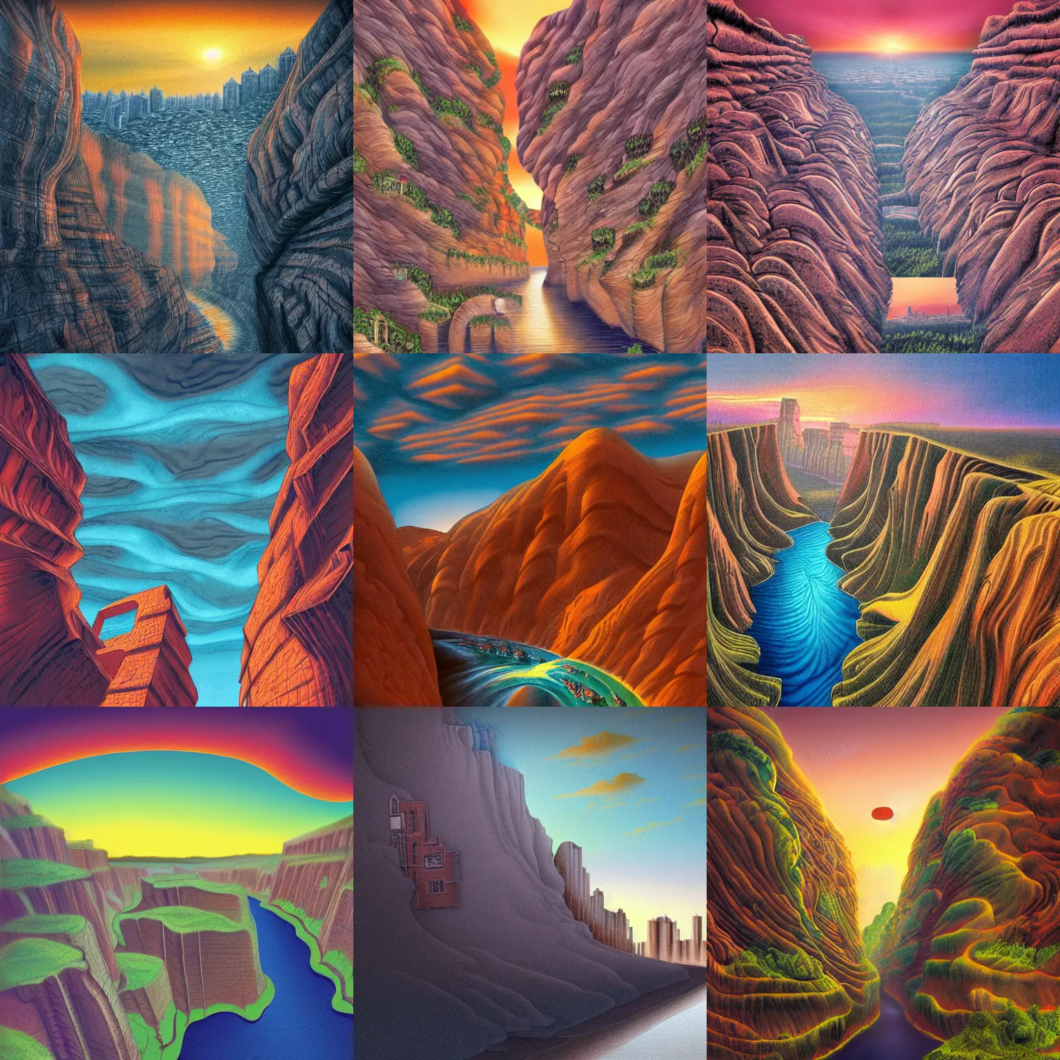 Prompt: a surrealistic illustration of a canyon made of buildings with a river on the bottom, at sunset, colored, surreal