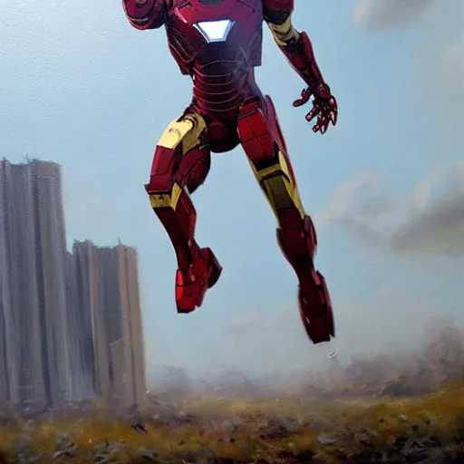 Image similar to photorealistic oil painting of a scrap built iron man suit flying in a post apocalyptic world