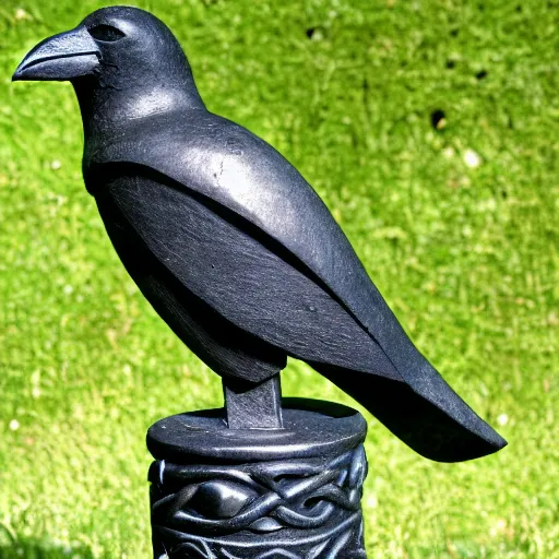 Prompt: sculpture of a black crow on a socket with celtic carvings
