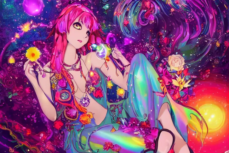 Image similar to psychedelic, whimsical, anime, 4k, beautiful seductive succubus smoking weed, with professional makeup, long trippy hair, a crystal and flower dress, sitting on a reflective pool, surrounded by gems, underneath the stars, rainbow fireflies, trending on patreon, deviantart, twitter, artstation, volumetric lighting, heavy contrast, art style of Greg Rutkowski and Miho Hirano and Ross Tran