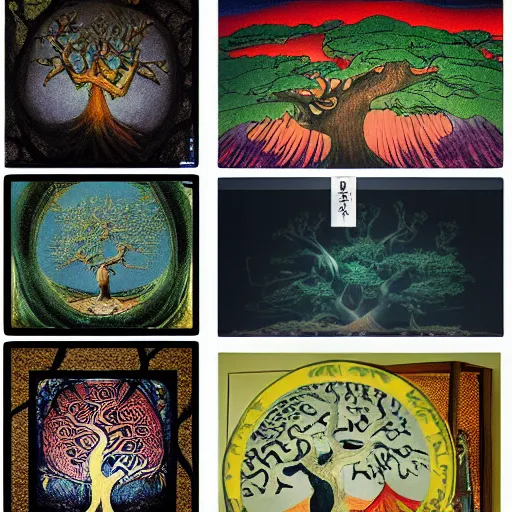 Image similar to tree of life, yggdrasil, arts and crafts, sticker bomb, mixed media, moody lighting, volumetric light, by hieronymus bosch, by katsushika hokusai, by laurie lipton