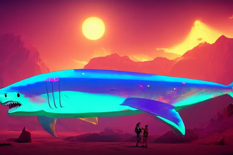 Image similar to a holographic projection of a huge colorful transparent shark appears in the desert at night, a man is stunned, by anton fadeev and jame paick, 8 k, unreal engine