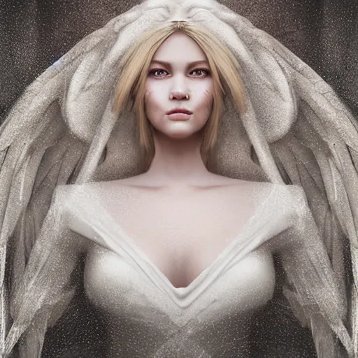 Image similar to portrait of princess in white dress, pure, seraphic, beautiful, angel like, goddess, ultra realistic, highly detailed by ilya kushinov and elliemaplefox