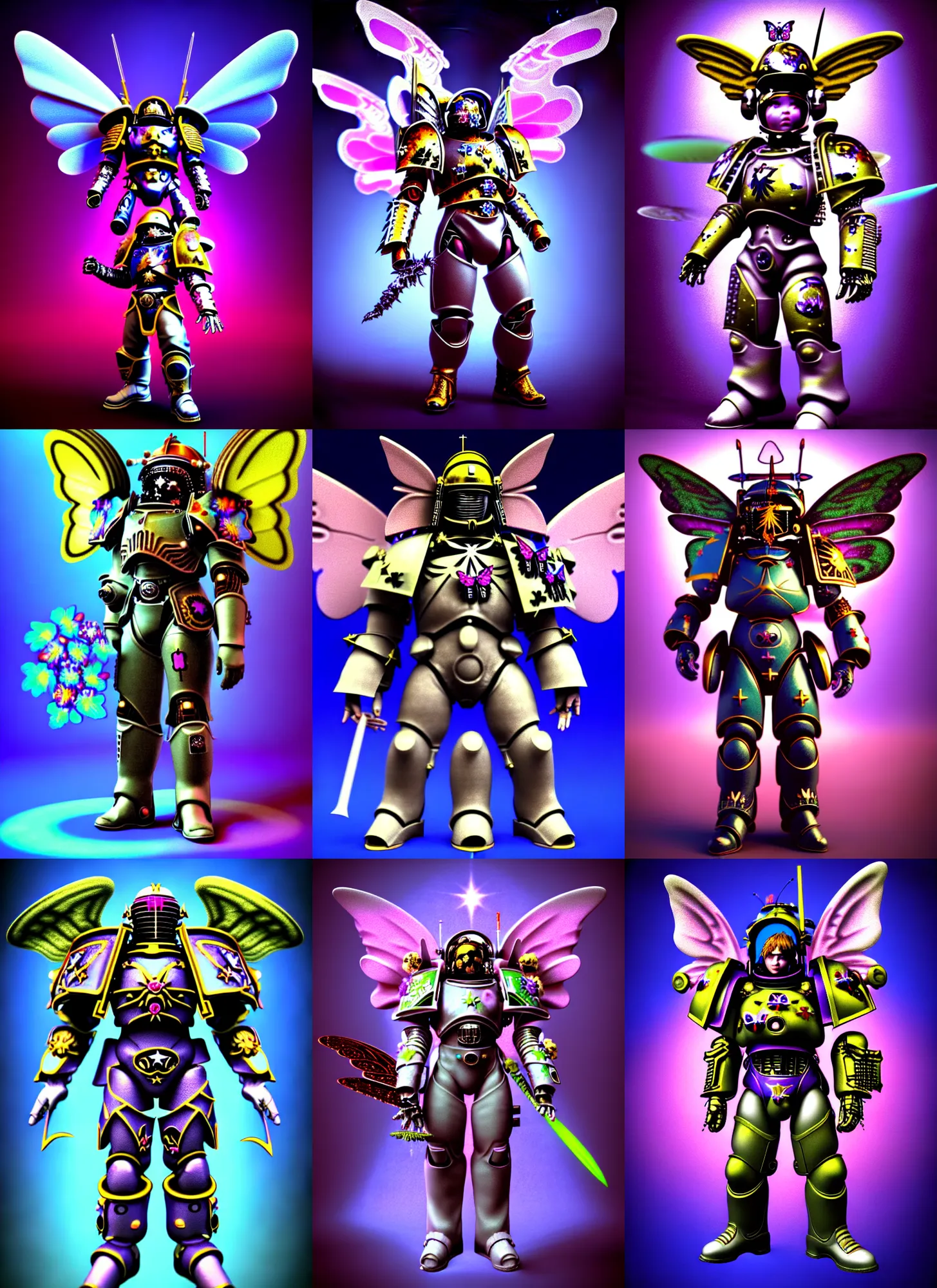 Prompt: 3 d render of chibi space marine warrior knight cyborg fairy by ichiro tanida wearing a big cowboy hat and wearing angel wings against a psychedelic surreal background with 3 d butterflies and 3 d flowers n the style of 1 9 9 0's cg graphics 3 d rendered y 2 k aesthetic by ichiro tanida, 3 do magazine