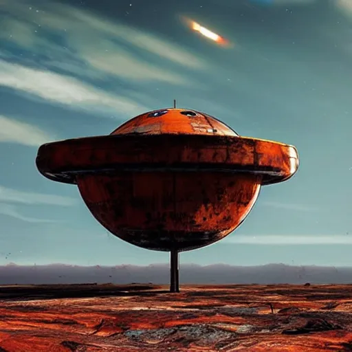 Prompt: photograph of a rusty generational spaceship landing on a new hopefully habitable planet.