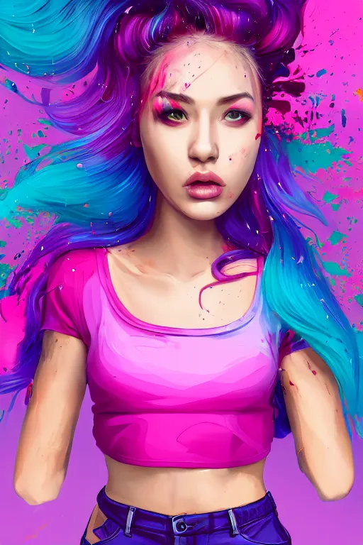 Image similar to a award winning half body portrait of a beautiful woman in a croptop and cargo pants with ombre purple pink teal hairstyle with head in motion and hair flying by artgerm, paint splashes, splatter, outrun, vaporware, shaded flat illustration, digital art, trending on artstation, highly detailed, fine detail, intricate