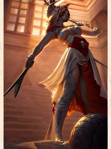 Prompt: lady justice blindfolded and holding a balance and a sword. intricate, elegant, highly detailed, digital painting, artstation, concept art, sharp focus, illustration, by justin gerard and artgerm, 8 k
