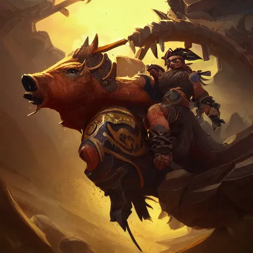 Image similar to a boar rider warrior, yellow theme, bright art masterpiece artstation. 8 k, sharp high quality artwork in style of jose daniel cabrera pena and greg rutkowski, concept art by tooth wu, blizzard warcraft artwork, hearthstone card game artwork, boar rider